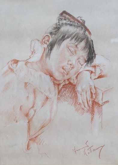 Franco Matania (Italian, 1922-2016), sanguine chalk, study of a sleeping girl, signed, 38 x 28cm. Condition - fair